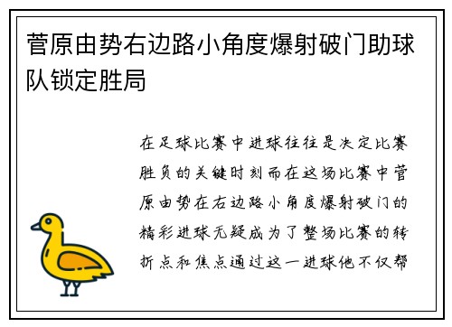 菅原由势右边路小角度爆射破门助球队锁定胜局