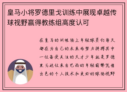 皇马小将罗德里戈训练中展现卓越传球视野赢得教练组高度认可